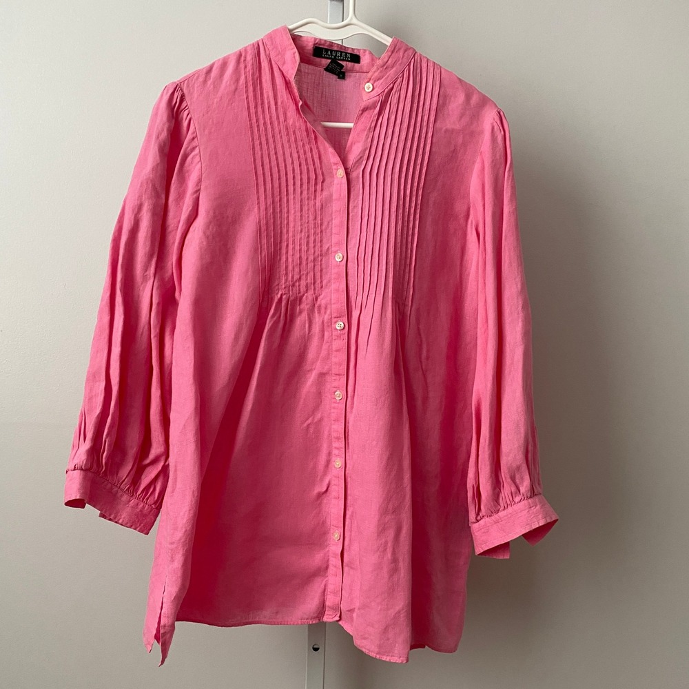 Lauren‎ Ralph Lauren Linen Coastal Dainty Pintuck Tunic Shirt M Pink Summer